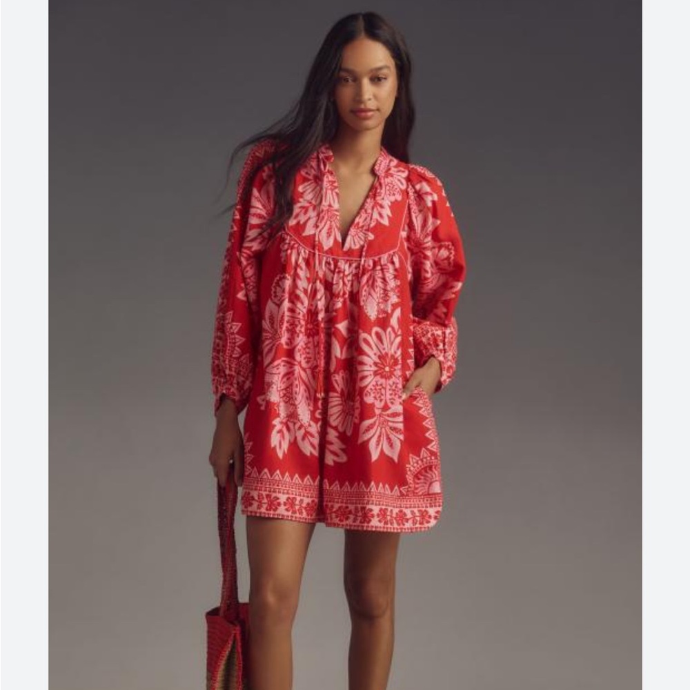 Farm Rio Red floral Dress with Long Sleeves